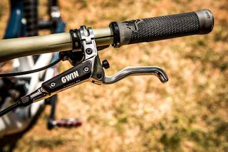 Aaron Gwin's name etched on his brakes on his  custom-painted bike for the 2017 UCI MTB World Championships in Cairns, Australia on September 8, 2017.