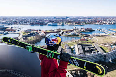 Jesper Tjäder gets ready to perform at the CopenHill ski slope in Copenhagen.