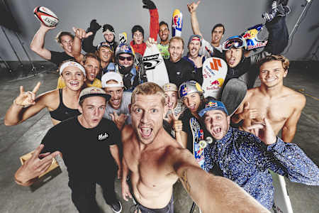 Australian Red Bull athletes pose at an athlete summit,