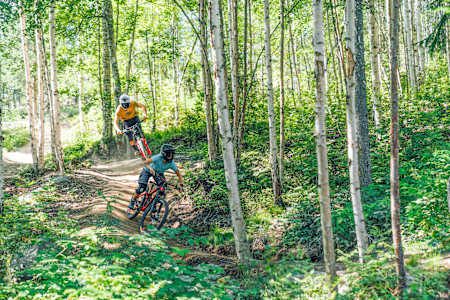 Riders take to a downhill trail at Järvsö Bike Park in Sweden.