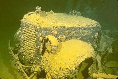 A Toyota KB (designated Type 1 in military service) truck in the hold of the Hoki Maru wreck, Truk Lagoon, Micronesia.
