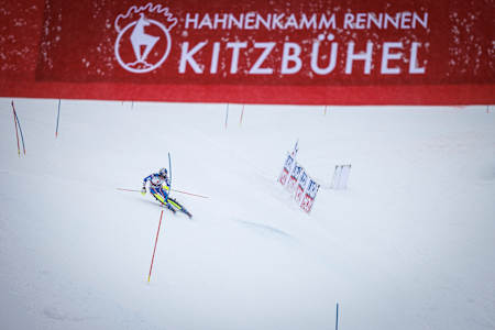 Clement Noel of France competes during FIS World Cup slalom in Kitzbuhel, Austria on January 22, 2022