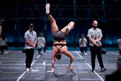 Laura Horváth walks on her hands during the World Fitness Project Finals 2025 in Copenhagen, Denmark.