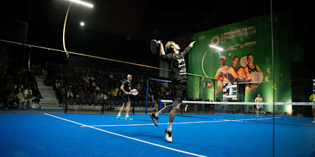 Franco Stupaczuk and Juan Lebron in the Riyadh Season Premier Padel P1 in Padel Rush Arena on February 14, 2025.
