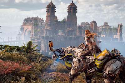 Aloy riding an overridden enemy in the new Horizon Zero Dawn video game by Sony