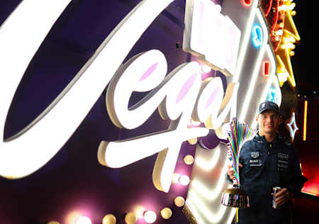Race winner Max Verstappen poses for a photo with his trophy after the F1 Grand Prix of Las Vegas at Las Vegas Strip Circuit on November 22, 2025 in Las Vegas, Nevada. 