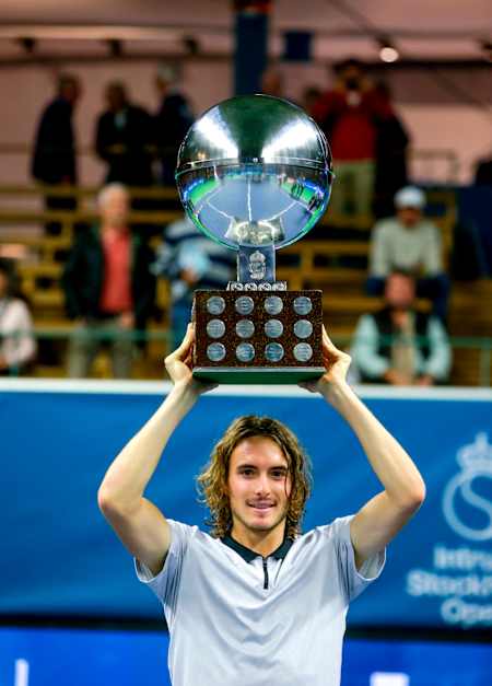 Greece's Stefanos Tsitsipas poses with his trophy after winning the ATP Stockholm Open tennis tournament men's single final at the Royal Tennis Hall on October 21 2018, in Stockholm, Sweden.