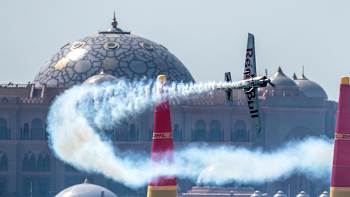 Florian Bergér of Germany performs during the Challenger Cup at the first round of the Red Bull Air Race World Championship in Abu Dhabi, United Arab Emirates on February 9, 2019.