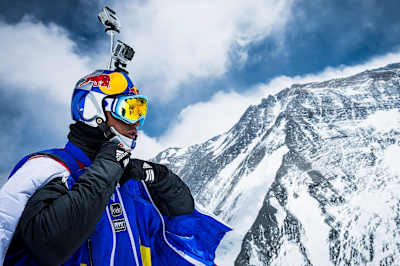Valery Rozov getting ready for the highest ever BASE jump