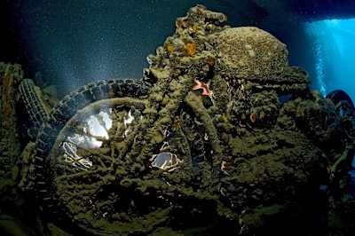 A motorcycle inside the S.S. Thistlegorm shipwreck.