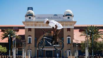 Courage Adams performs a 180 Barspin during filming of Courage in the Streets of Jozi at Johannesburg, South Africa on October 8, 2021