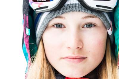 Portrait of Katie Ormerod, the first woman snowboarder to land a double cork 1080
