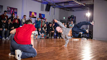 Hong 10 and Phil Wizard perform during an unlimited round battle at FXL Studio in Seoul, South Korea on October 20, 2022