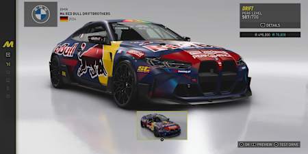 The BMW M4 Red Bull Driftbrothers Edition in The Crew Motorfest.