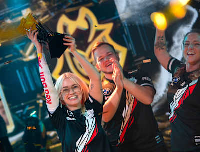 Mimi of G2 Gozen holds up a VALORANT trophy.