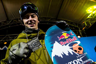 Canada's Mark McMorris, X Games 2016 Snowboard Big Air silver medalist, celebrates on the event podium in Aspen, Colorado