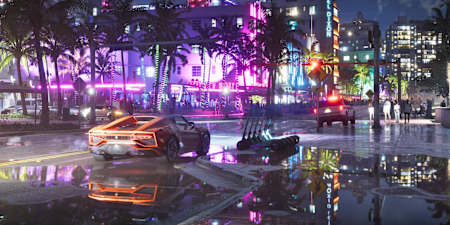 A screenshot from GTA 6 shows Vice City at night.
