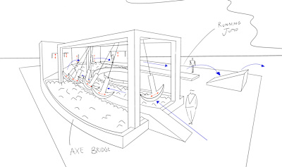 Sketch of the Pendulum Parkour obstacle designed by Charles Poujade and Mélanie Buffetaud of France for Red Bull Ibiza Royale, as drawn by Samuele Cocchiaro.