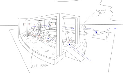 Sketch of the Pendulum Parkour obstacle designed by Charles Poujade and Mélanie Buffetaud of France for Red Bull Ibiza Royale, as drawn by Samuele Cocchiaro.