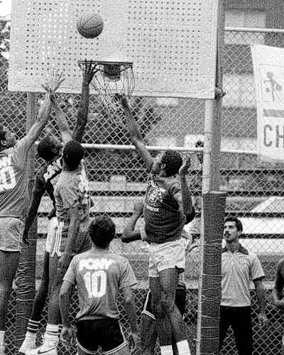 Players compete in Rucker street basketball tournament in Harlem, New York, which was the first streetball contest when it started in 1950