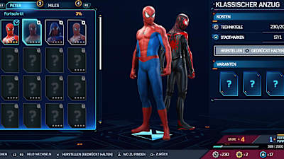 Screenshot aus Marvel's Spider-Man 2 zeigt eine Auswahl an Anzügen für Peter Parker und Miles Morales.