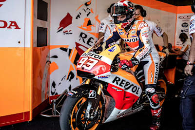 Honda MotoGP rider Marc Márquez pulls out of his pit-box at the Indianapolis GP