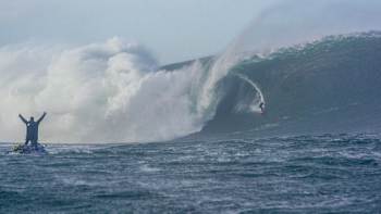 Irish surfer Conor Maguire rides a 60ft wave at Mullaghmore after Hurricane Epsilon.