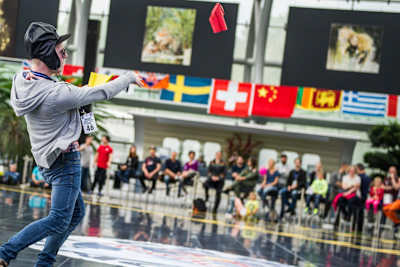 A participant performs during the Red Bull Paper Wings World Finals 2015 in Salzburg, Austria on May 9, 2015.