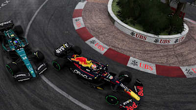 Captura de pantalla de F1 23 muestra al Red Bull RB19 adelantando a un Aston Martin en Mónaco.