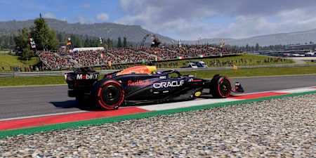 Screenshot from F1 24 shows Max Verstappen's Red Bull car in front of the Iron Bull at the Red Bull Ring
