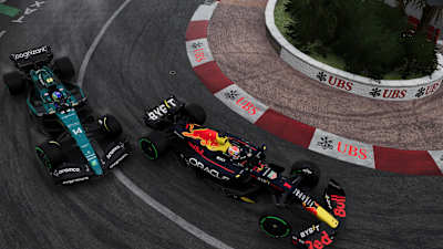 Captura de pantalla de F1 23 muestra al Red Bull RB19 adelantando a un Aston Martin en Mónaco.