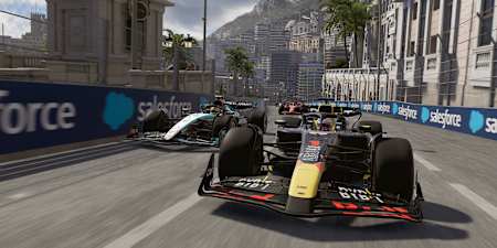 Screenshot from F1 24 shows Max Verstappen in the lead at the Formula 1 Monaco Grand Prix.