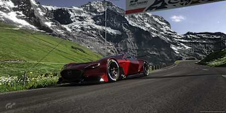 Bild zeigt einen Mazda GT Vision-Boliden auf der Eiger Nordwand.