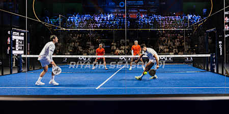 Leandro Augsburger, Juan Lebrón, Agustin Tapia and Arturo Coello battle in the Premier Padel Riyadh Season P1 semi-finals in Saudi Arabia.