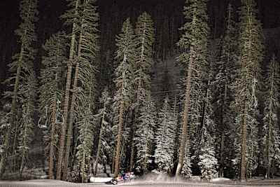 Ricky Johnson test runs his truck in the snow on the slopes of Sierra at Tahoe.
