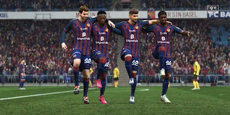 Cuatro jugadores del FC Basilea celebran un gol en el FC 26.