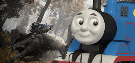 Ein Elden Ring-Charakter reitet auf Thomas, die kleine Lokomotive zu