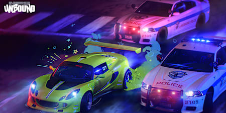 Screenshot aus Need for Speed: Unbound zeigt einen Lotus, der vor zwei Polizeiautos flieht.