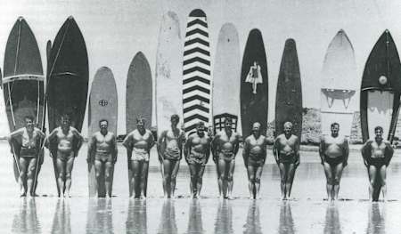 A group of Torquay surfers pose for a photo in 1947.