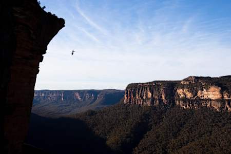 Jim Mitchell doing a 'gainer' in Australia's Blue Mountains