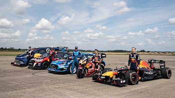 Liam Lawson, Dani Pedrosa, Timmy Hansen, Adrien Fourmaux and Romain Dumas prepare to drag race in the UK on July 26, 2023. 