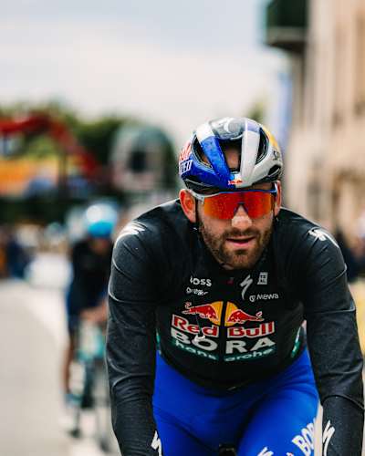 Jordi Meeus of Team Red Bull - BORA - hansgrohe races in Stage 20 from Nantua to Pontarlier at the 2025 Tour de France.