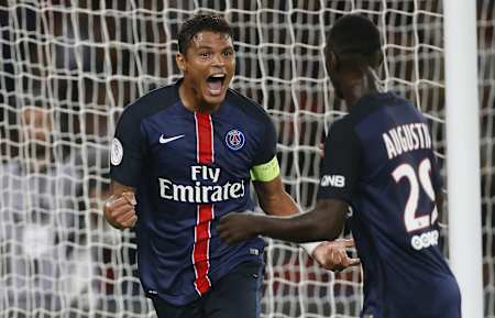 Thiago Silva celebrates a PSG goal against Ajaccio