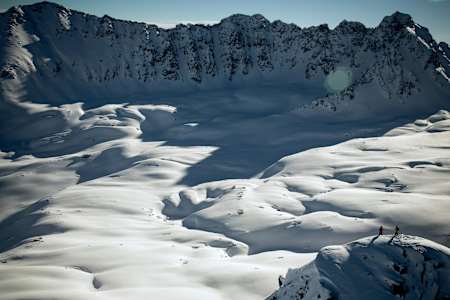 Elias Elhardt and Knut Aliasson snowboarding 'The Cathedral' in the Kashmir region of India