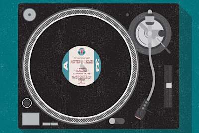 An illustration of a 12-inch copy of Rhythim Is Rhythim's Strings Of Life on a record player.