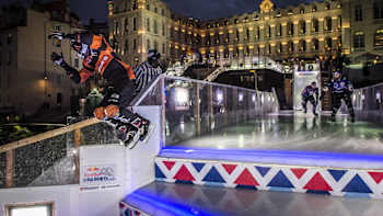 Cameron Naasz, Jack Schram, Juho Oinonen and Bernhard Kueffer of Switzerland compete during the finals at the Red Bull Crashed Ice in Marseille, France on February 17, 2018.