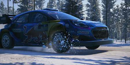 Screenshot from EA Sports WRC shows Ott Tänak's Ford Puma1 in the snow at the Rally Sweden.