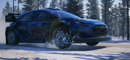Screenshot from EA Sports WRC shows Ott Tänak's Ford Puma1 in the snow at the Rally Sweden.