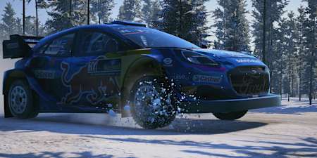 Screenshot from EA Sports WRC shows Ott Tänak's Ford Puma1 in the snow at the Rally Sweden.