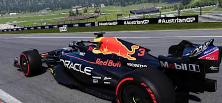 Screenshot aus F1 23 zeigt den Red Bull RB19 am Red Bull Ring mit dem Bullen im Hintergrund.
